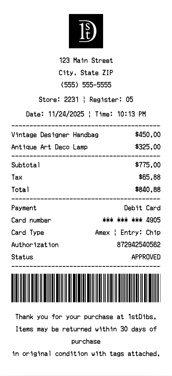 1stDibs receipt template preview