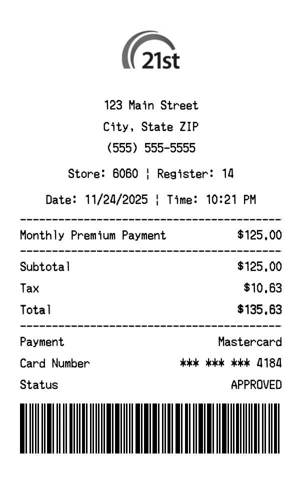 21st Century Insurance receipt template preview