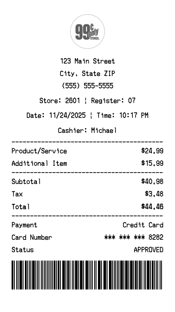 99 Cents Only receipt template preview