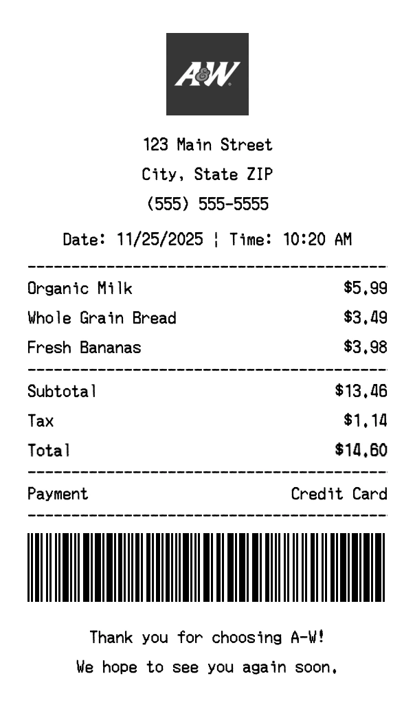 A-W receipt template preview