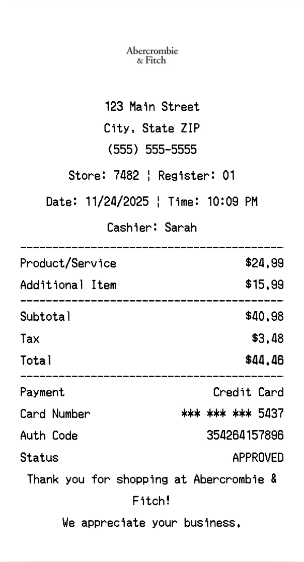 Abercrombie & Fitch receipt template preview