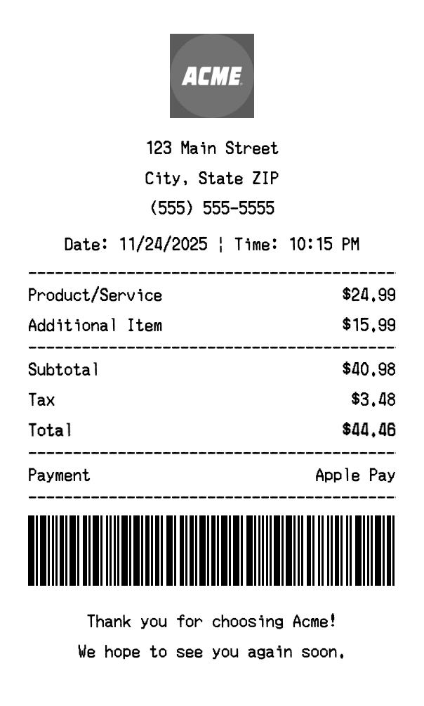 Acme receipt template preview