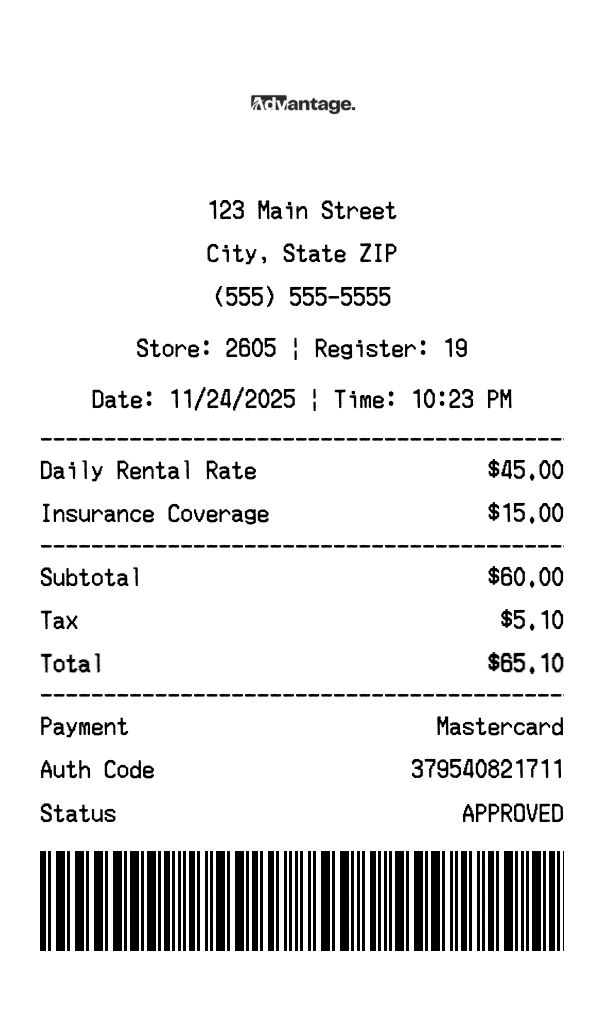 Advantage Rent A Car receipt template preview