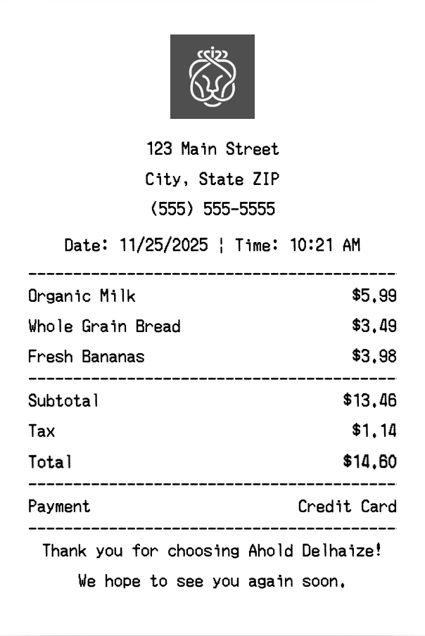 Ahold Delhaize receipt template preview