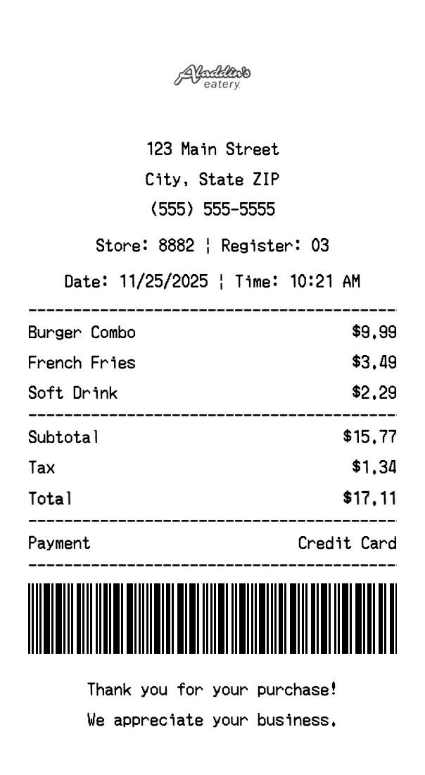 Aladdin's Eatery Systems receipt template preview
