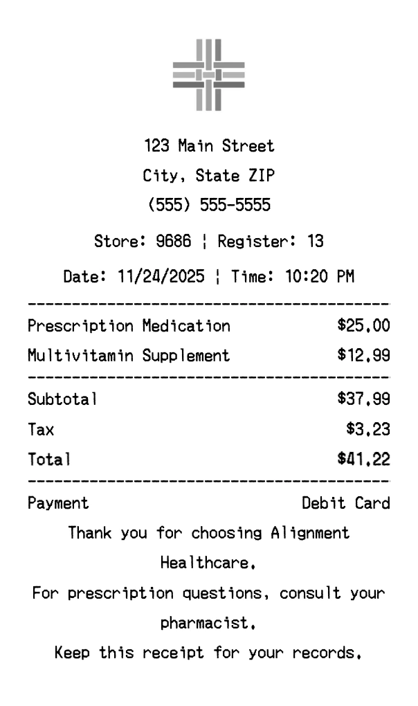 Alignment Healthcare receipt template preview