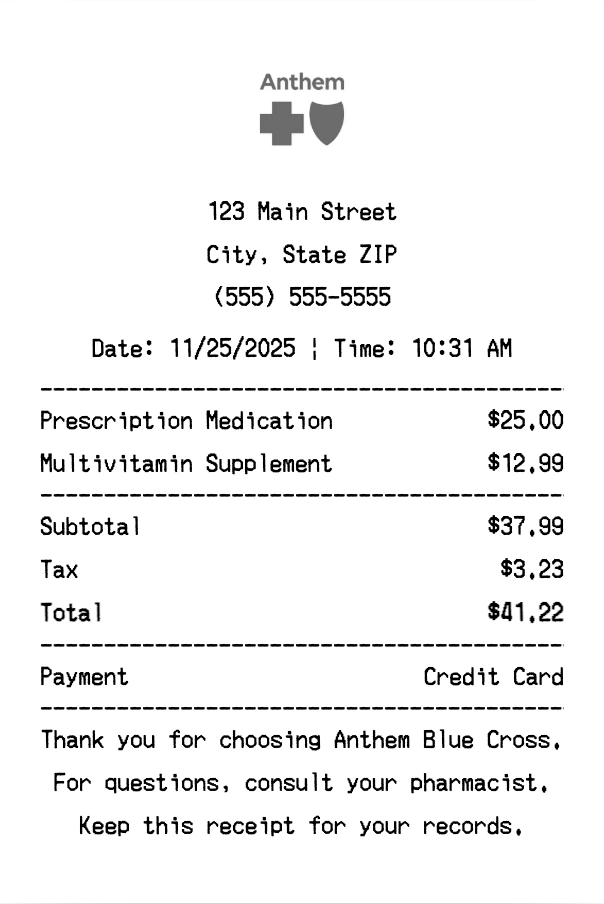 Anthem Blue Cross receipt template preview