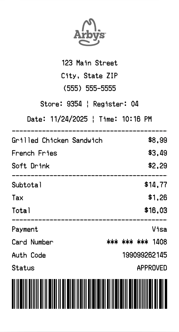 Arby's receipt template preview