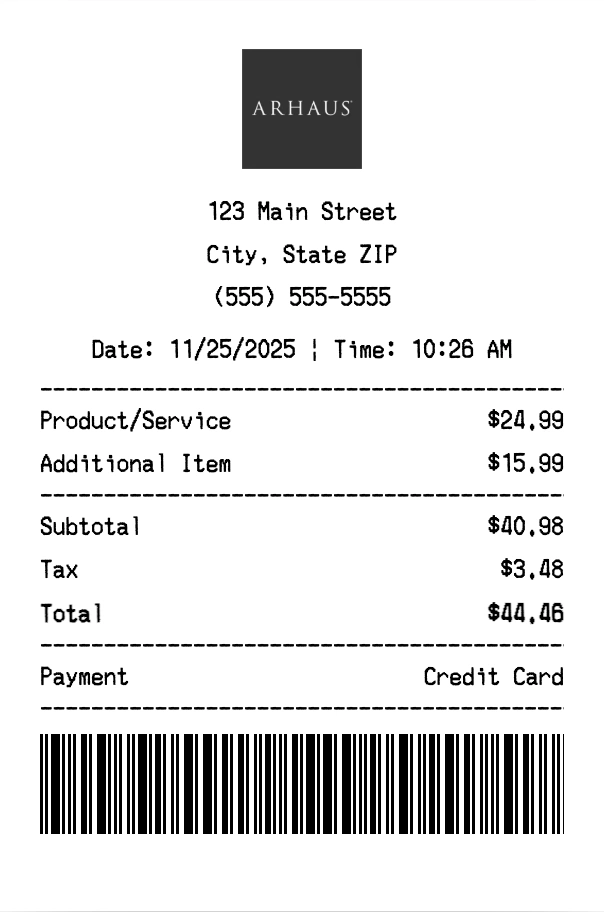 Arhaus receipt template preview - Professional receipt maker example showing customizable format