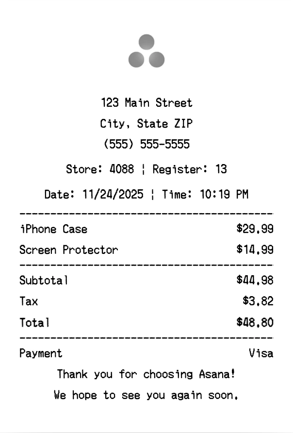 Asana receipt template preview - Professional receipt maker example showing customizable format