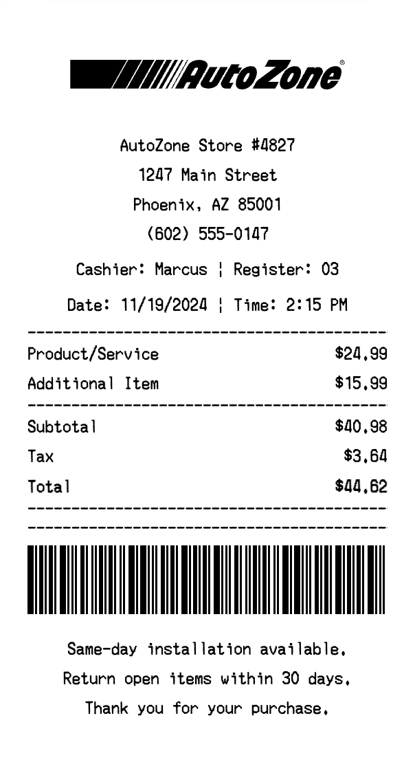 AutoZone receipt template preview - Professional receipt maker example showing customizable format