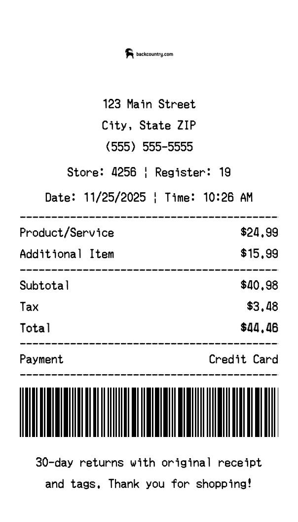 Backcountry receipt template preview - Professional receipt maker example showing customizable format