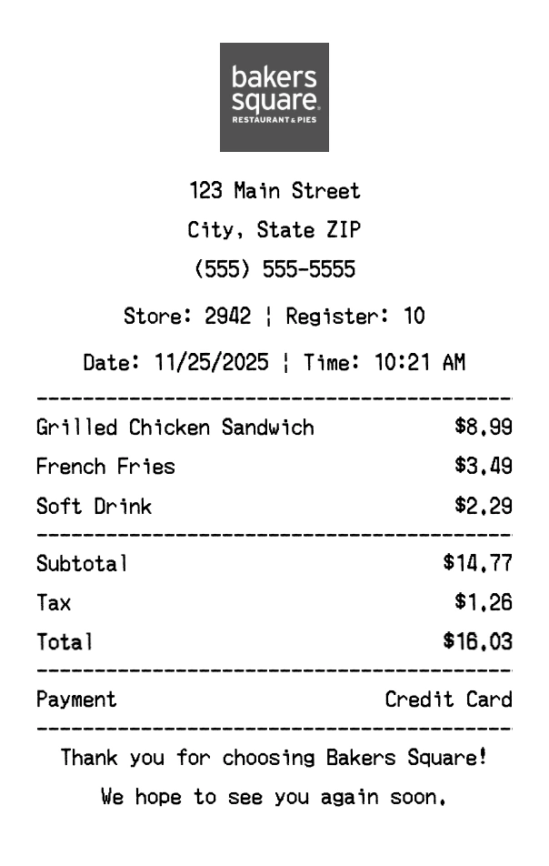 Bakers Square receipt template preview - Professional receipt maker example showing customizable format