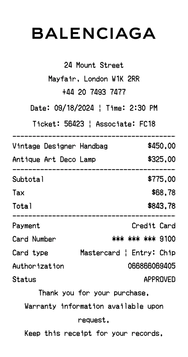 Balenciaga receipt template preview