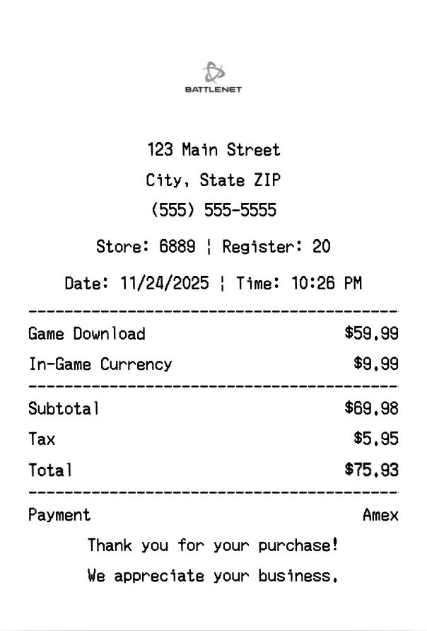 Battle.net receipt template preview - Professional receipt maker example showing customizable format