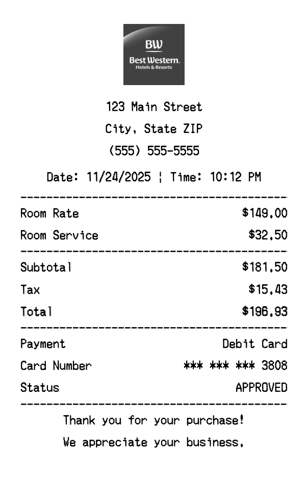 Best Western receipt template preview