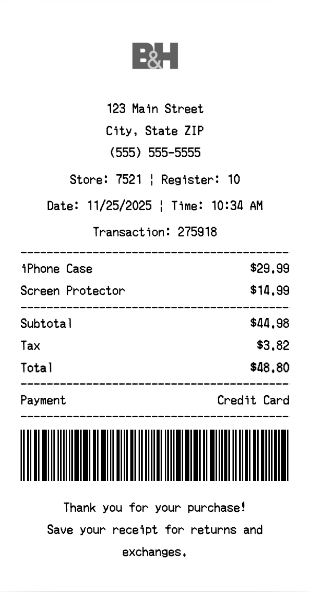 B&H Photo Video receipt template preview