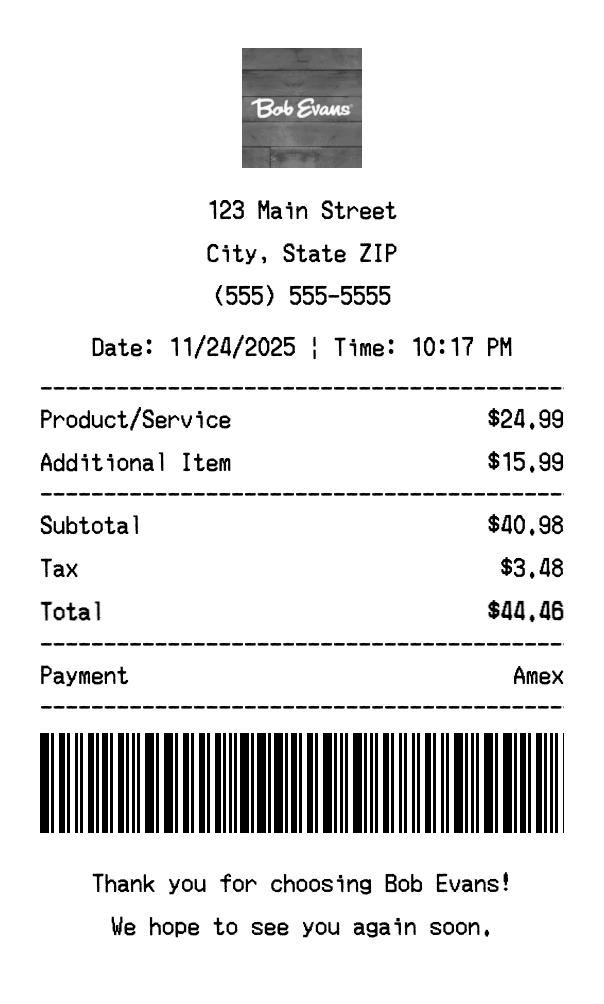 Bob Evans receipt template preview - Professional receipt maker example showing customizable format