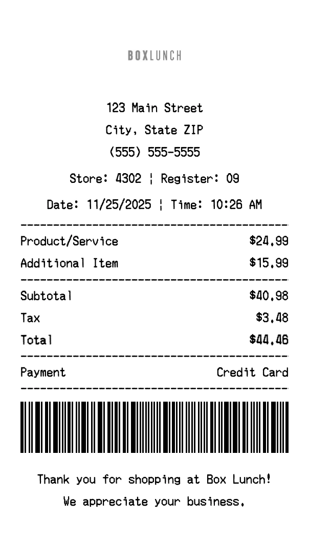 Box Lunch receipt template preview - Professional receipt maker example showing customizable format