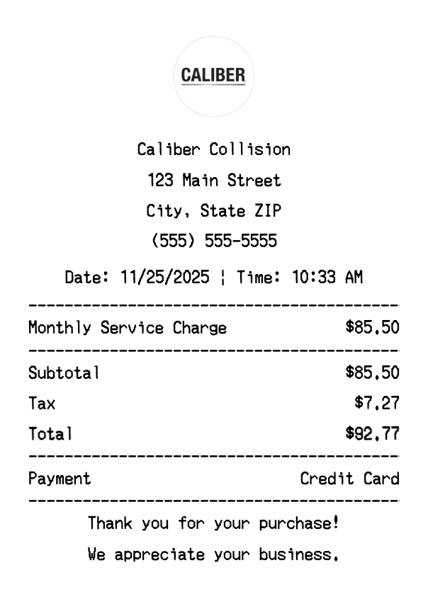 Caliber Collision receipt template preview - Professional receipt maker example showing customizable format