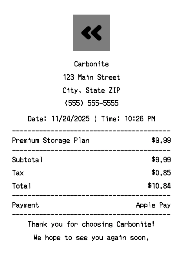 Carbonite receipt template preview - Professional receipt maker example showing customizable format