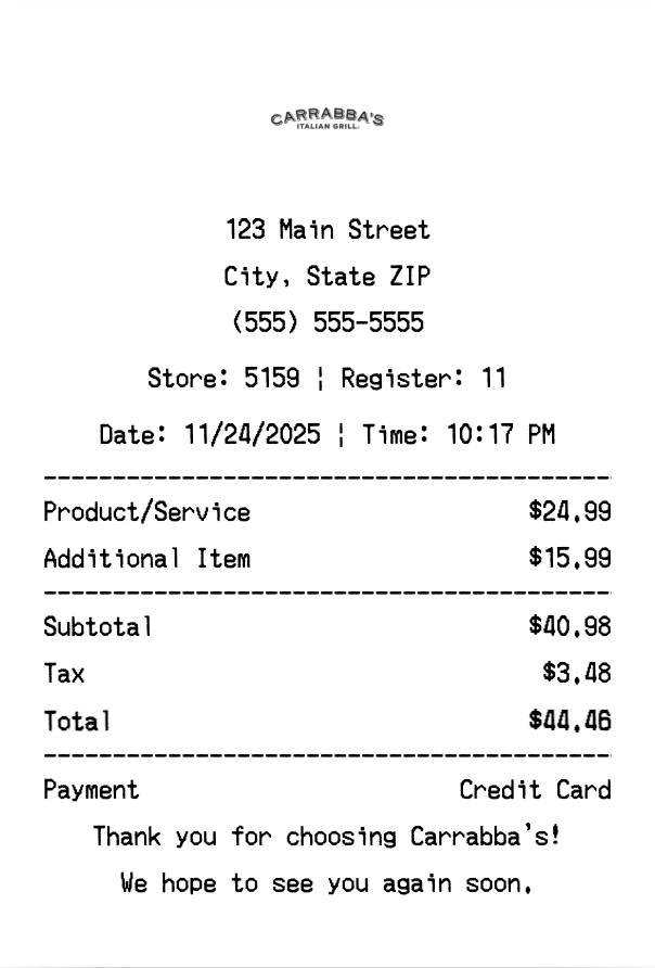 Carrabba's receipt template preview - Professional receipt maker example showing customizable format