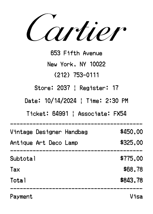 Cartier receipt template preview - Professional receipt maker example showing customizable format