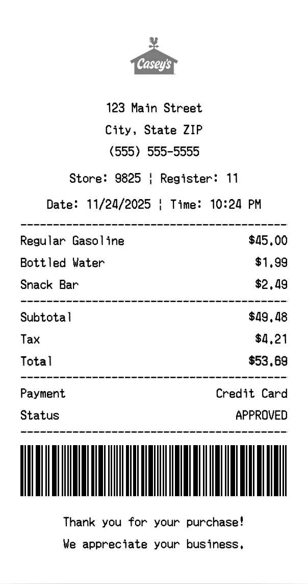 Casey's General Store receipt template preview - Professional receipt maker example showing customizable format
