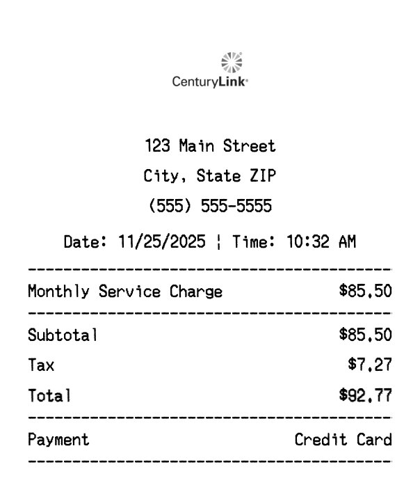 CenturyLink receipt template preview - Professional receipt maker example showing customizable format