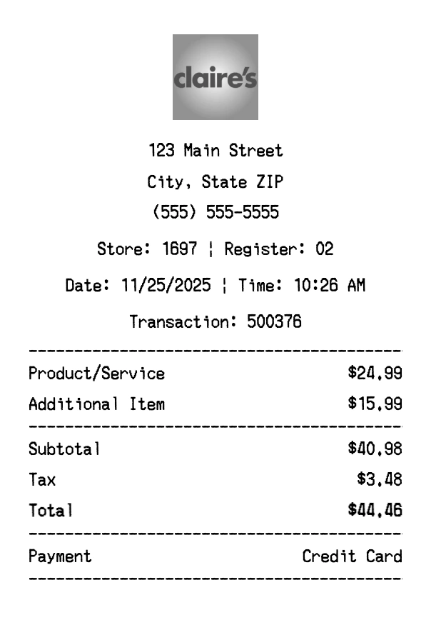 Claire's receipt template preview - Professional receipt maker example showing customizable format
