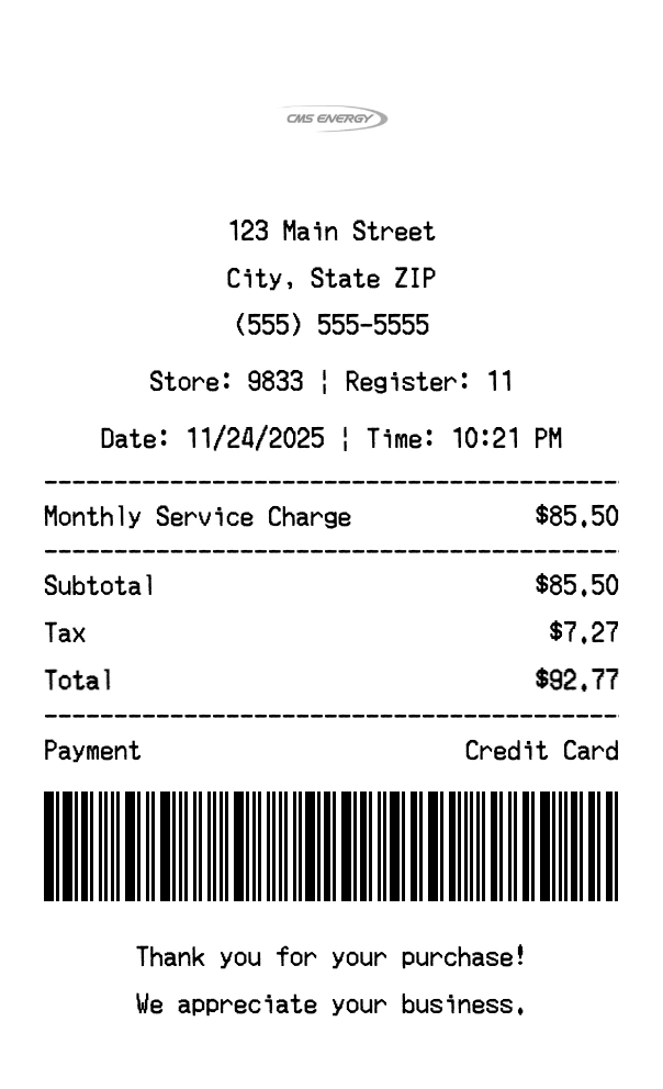 CMS Energy receipt template preview - Professional receipt maker example showing customizable format