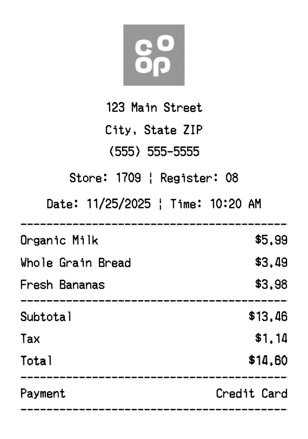 Co-op receipt template preview - Professional receipt maker example showing customizable format