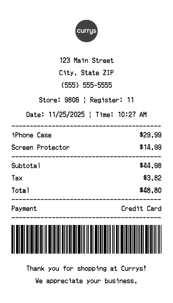 Currys receipt template preview - Professional receipt maker example showing customizable format