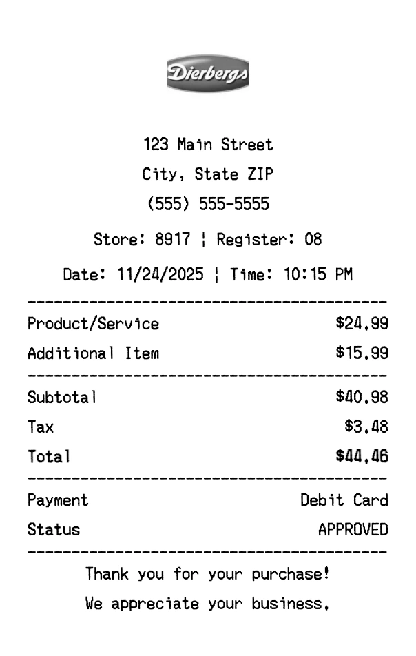 Dierbergs receipt template preview - Professional receipt maker example showing customizable format