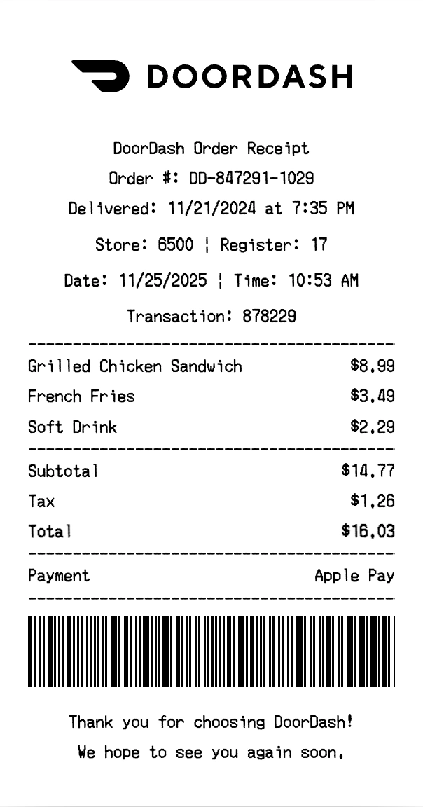 DoorDash receipt template preview