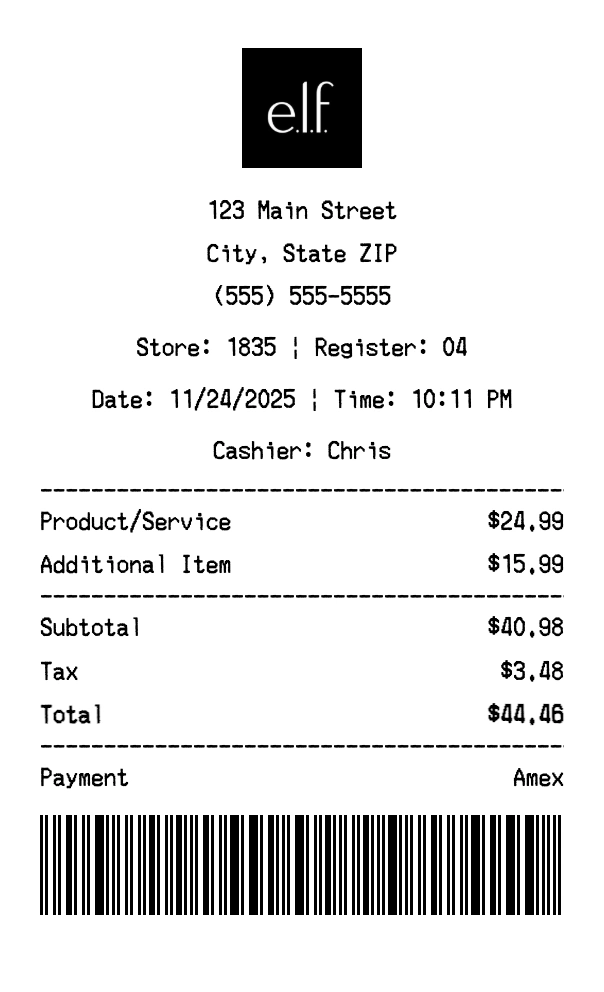 e.l.f. Cosmetics receipt template preview - Professional receipt maker example showing customizable format