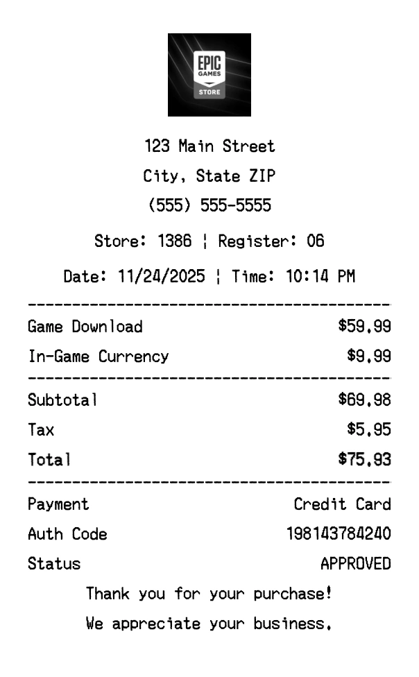 Epic Games receipt template preview - Professional receipt maker example showing customizable format