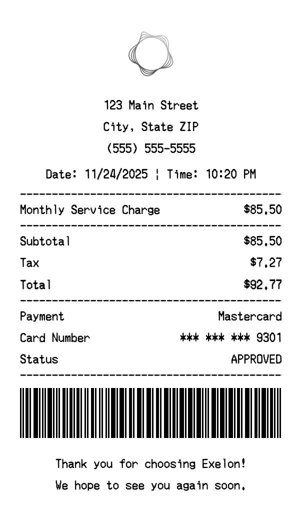 Exelon receipt template preview - Professional receipt maker example showing customizable format