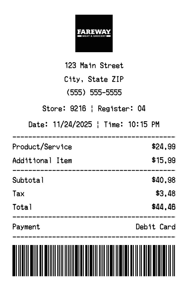 Fareway receipt template preview - Professional receipt maker example showing customizable format