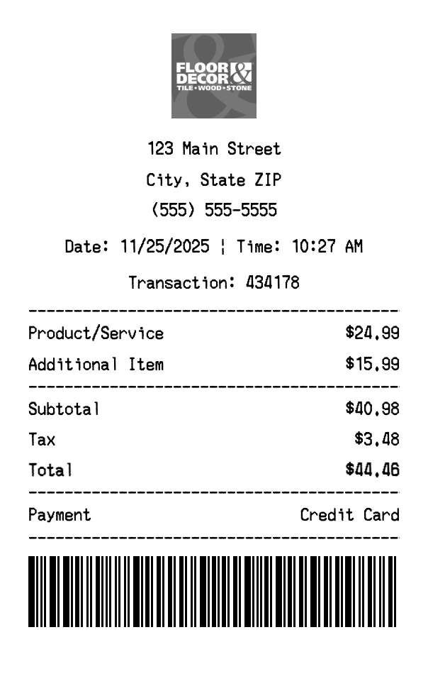 Floor & Decor receipt template preview - Professional receipt maker example showing customizable format