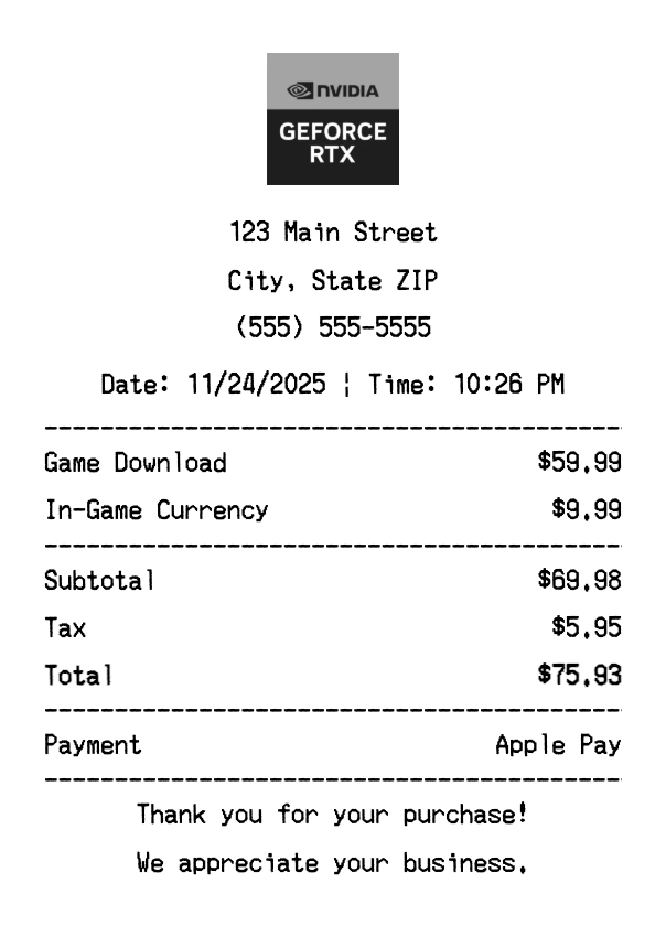 GeForce Now receipt template preview - Professional receipt maker example showing customizable format