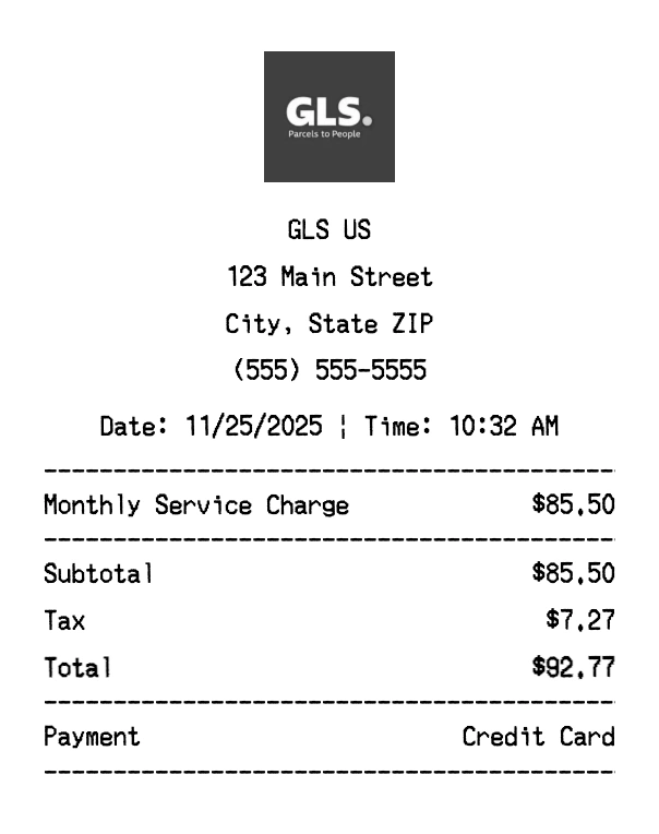 GLS US receipt template preview - Professional receipt maker example showing customizable format