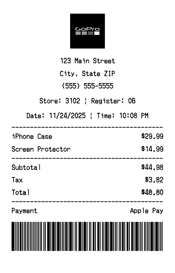GoPro receipt template preview - Professional receipt maker example showing customizable format
