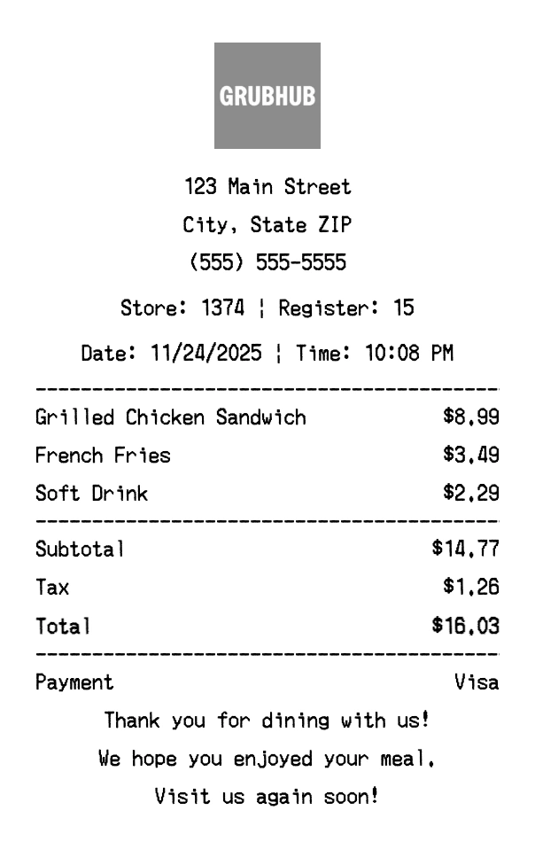 Grubhub receipt template preview - Professional receipt maker example showing customizable format