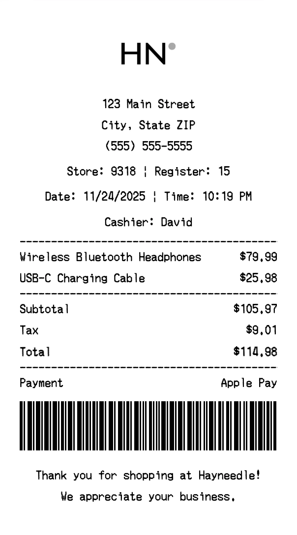 Hayneedle receipt template preview - Professional receipt maker example showing customizable format