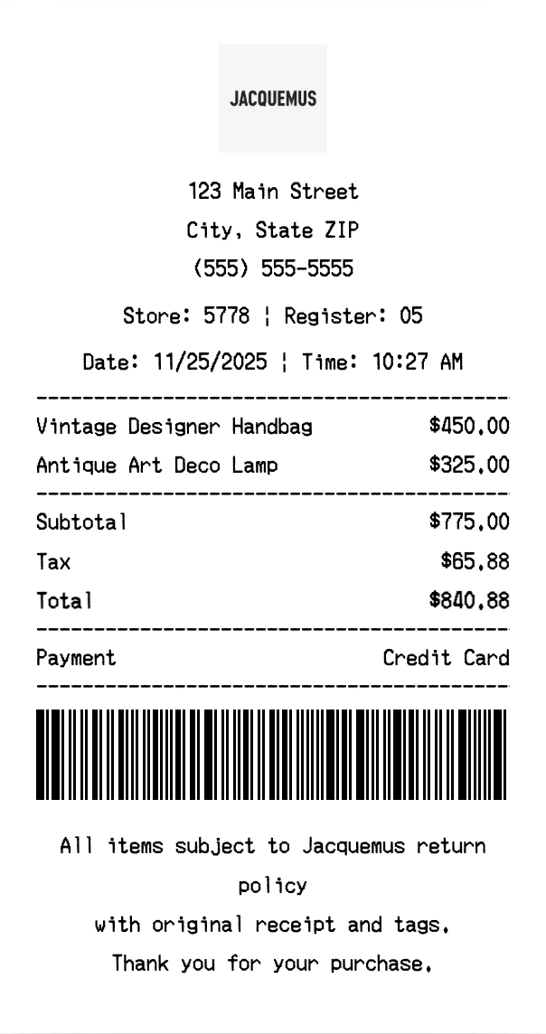 Jacquemus receipt template preview - Professional receipt maker example showing customizable format