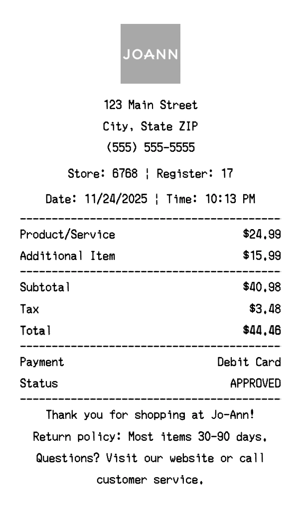 Jo-Ann receipt template preview - Professional receipt maker example showing customizable format