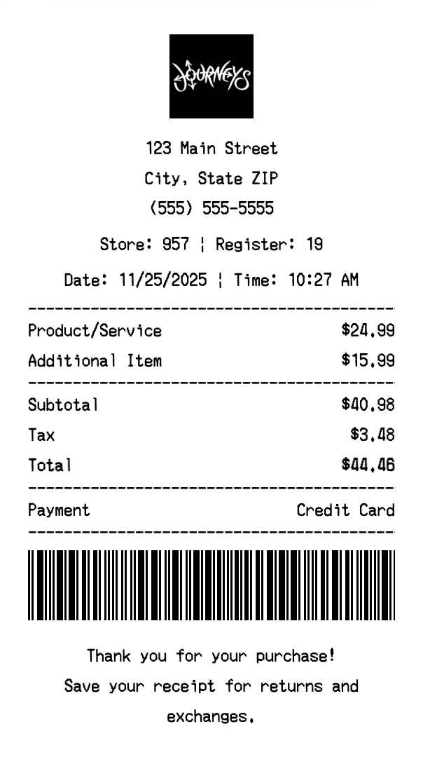 Journeys receipt template preview - Professional receipt maker example showing customizable format