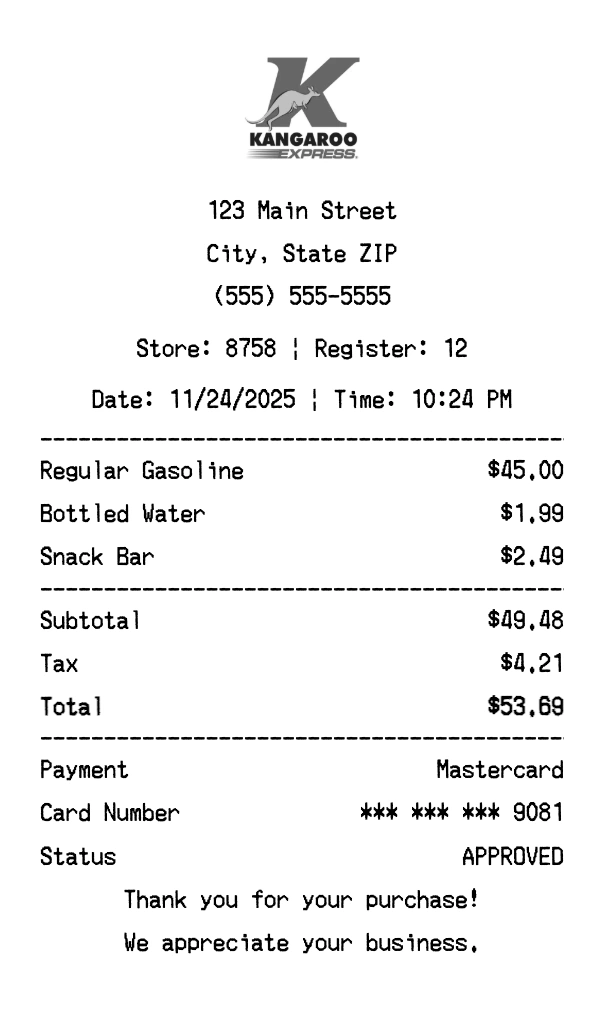 Kangaroo Express receipt template preview - Professional receipt maker example showing customizable format