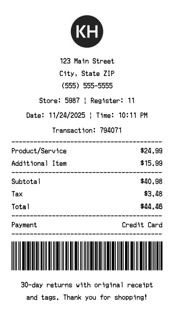 Kirkland's receipt template preview - Professional receipt maker example showing customizable format